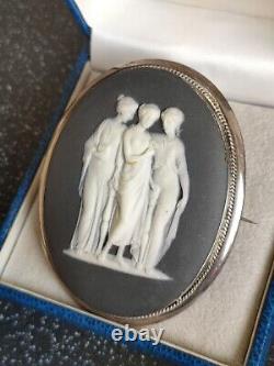 Rare! Huge Wedgwood 925 Sterling Silver Black Blue Jasperware Brooch 42.4 g