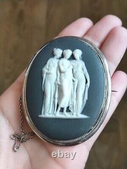 Rare! Huge Wedgwood 925 Sterling Silver Black Blue Jasperware Brooch 42.4 g