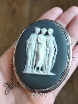 Rare! Huge Wedgwood 925 Sterling Silver Black Blue Jasperware Brooch 42.4 g