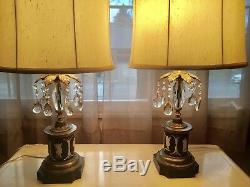 Rare Pair 1920s era Wedgwood Lamps withblack Jasperware WithCut Glass Center & Drops