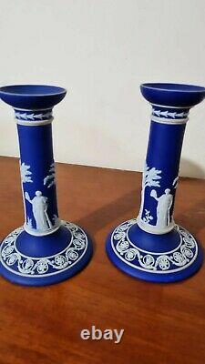 Rare Perfect Wedgwood Colbolt Jasperware Pair of Candle Stick Holders 7