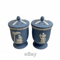 Rare VTG Blue White Embossed Jasperware Lot of 2 Pair Potpourri Jar c 1920 Motif