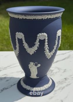 Rare Vintage Wedgwood Jasperware White on Portland Blue Vase 8 Tall England
