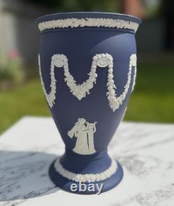 Rare Vintage Wedgwood Jasperware White on Portland Blue Vase 8 Tall England