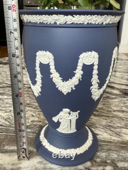 Rare Vintage Wedgwood Jasperware White on Portland Blue Vase 8 Tall England