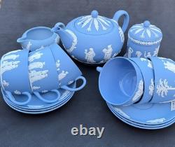 Rare Vintage Wedgwood Tea Set Jasperware Sky Blue & White, 15 pcs, England