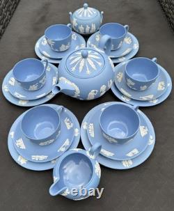Rare Vintage Wedgwood Tea Set Jasperware Sky Blue glazed inside, 21pcs, England