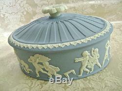 Rare Wedgwood Blue Jasperware Oval Box With Blind Man's Buff Design Mint