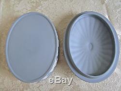 Rare Wedgwood Blue Jasperware Oval Box With Blind Man's Buff Design Mint