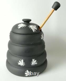 Rare Wedgwood Jasperware Black Honey Pot and Lid With Dipper