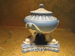 Rare Wedgwood blue jasperware Incense burner, tri dolphin pedestal, pierced lid
