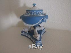 Rare Wedgwood blue jasperware Incense burner, tri dolphin pedestal, pierced lid