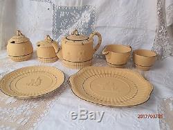 Scarce 7 Pc Wedgwood Caneware Tea Ware Set Jasperware Yellow W Black Cherubs