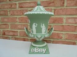 Scarce Wedgwood Green Jasperware Pedestal Campana Covered Urn 11 3/4