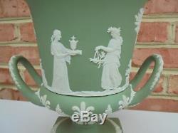 Scarce Wedgwood Green Jasperware Pedestal Campana Covered Urn 11 3/4