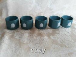 Set Of 5 Rare Wedgwood Teal Green Jasperware Napkin Ring With Seashell Design