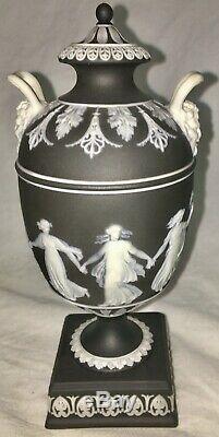 Small Old Wedgwood Black Basalt Jasperware Pedestal Urn Dancing Hours Vase
