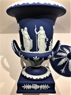 Stunning C. 1910 Wedgwood Cobalt Blue Jasper Ware Pedestal Urn WithLid 12.75H