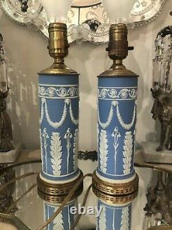 Stunning PAIR Antique Wedgwood Jasperware BLUE WHITE Lamps RAMS HEAD SWAGS
