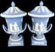Two Wedgwood Light Blue Jasperware Campana Vases & Covers 11 1/4 Tall