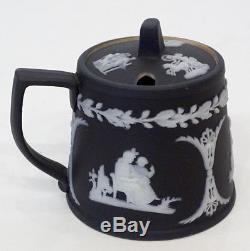 UNUSUAL & Early ANTIQUE Vintage WEDGWOOD Black Jasperware MUSTARD POT & LID