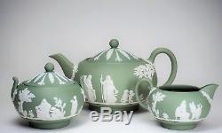 VINTAGE Wedgwood GREEN Jasperware Teapot Creamer Sugar Bowl EXCELLENT