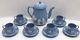 Vtg 14 Pc Set Wedgwood England Blue Jasperware Coffee Pot Mini Cups & Saucers