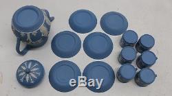 VTG 14 pc Set Wedgwood England Blue Jasperware Coffee Pot Mini Cups & Saucers