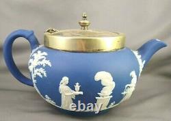 VTG Wedgwood England Cobalt Blue Jasperware EPNS Teapot Creamer Sugar Set