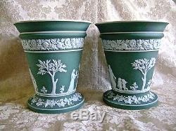 Very Large Pair Of Antique Wedgwood Dipped Sage Green Jasper Ware Vases