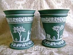 Very Large Pair Of Antique Wedgwood Dipped Sage Green Jasper Ware Vases