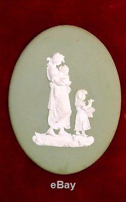 Very Very Rare Wedgwood Green Jasperware Mother & Children Oval Pram Plaques