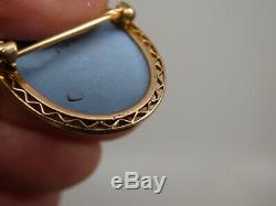 Vintage 14KT Yellow Gold Wedgwood Blue Jasperware Mourning Tombstone Brooch