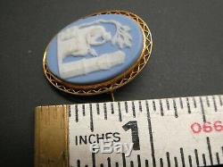 Vintage 14KT Yellow Gold Wedgwood Blue Jasperware Mourning Tombstone Brooch