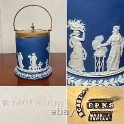 Vintage 1800's WEDGWOOD Cobalt Blue/White Jasperware Lidded Biscuit Barrel Jar