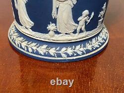 Vintage 1800's WEDGWOOD Cobalt Blue/White Jasperware Lidded Biscuit Barrel Jar