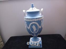 Vintage 1954 Wedgwood Blue Jasperware Poetry Muses lidded double handle urn