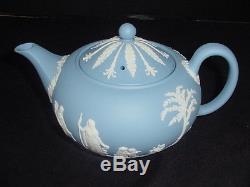 Vintage 1956 Wedgwood Blue Jasperware Tea Pot with Lidded Sugar and Creamer