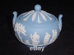 Vintage 1956 Wedgwood Blue Jasperware Tea Pot with Lidded Sugar and Creamer
