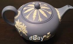 Vintage Blue Wedgwood Jasperware Tea Set Creamer Sugar Bowl Cups Plates Tea Pot
