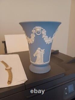 Vintage Blue Wedgwood Jasperware Vase, 6 Tall 5 Diameter No Chips Or Cracks