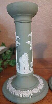 Vintage Green Wedgwood Jasperware Pair of Candlesticks 6.5 Tall-Designs Differ