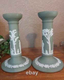 Vintage Green Wedgwood Jasperware Pair of Candlesticks 6.5 Tall-Designs Differ