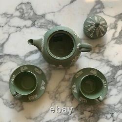 Vintage Green White Wedgwood Jasperware Teapot Teacups Saucers Set RARE Antique