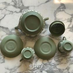 Vintage Green White Wedgwood Jasperware Teapot Teacups Saucers Set RARE Antique