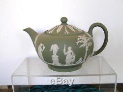 Vintage Lot Wedgwood GREEN Jasperware Teapot Sugar Creamer Vase Dish 5 pieces