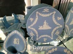 Vintage Lot of 16 Wedgewood Blue Jasperware Plates Boxes Vase Pitcher England