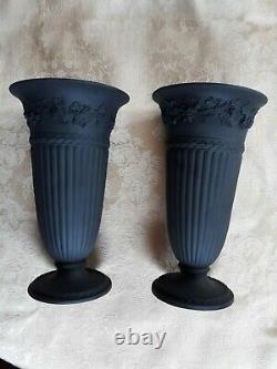 Vintage Pair Of Wedgwood Black Basalt Jasperware 8 Trumpet Vases