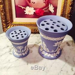 Vintage Rare Set Of Two Wedgwood Jasperware Flared Vases With Frog Inserts