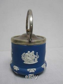 Vintage Signed Lord Wedgwood Made In England Dark Blue Jasperware Biscuit Barrel